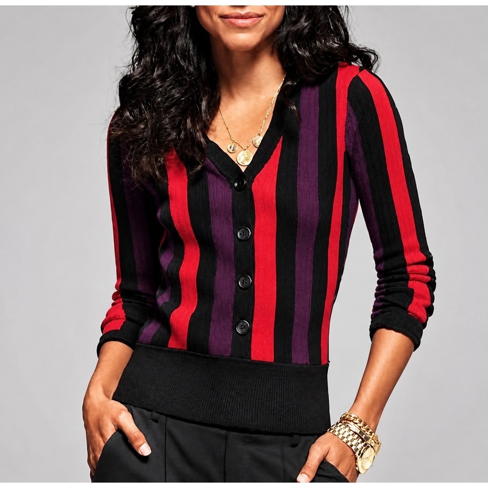 CAbi Royal Colorblock Striped Button Front Rib Knit Pullover Sweater SZ Medium